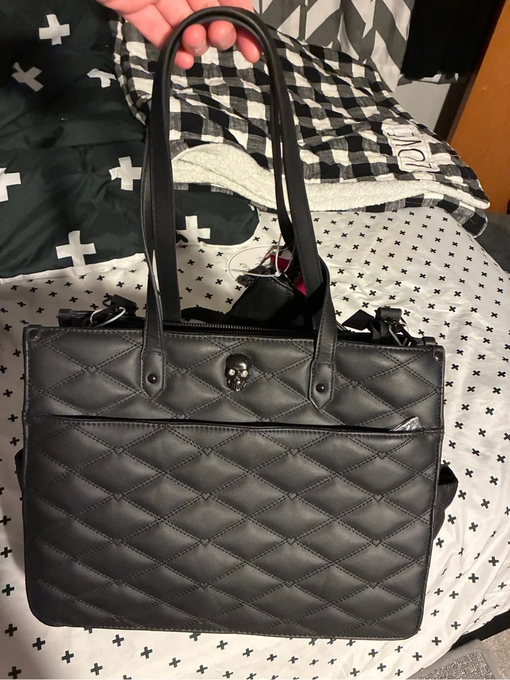 Betsey Johnson Halloween Black Quilted Skull hearts Purse Bag with wallet pouch